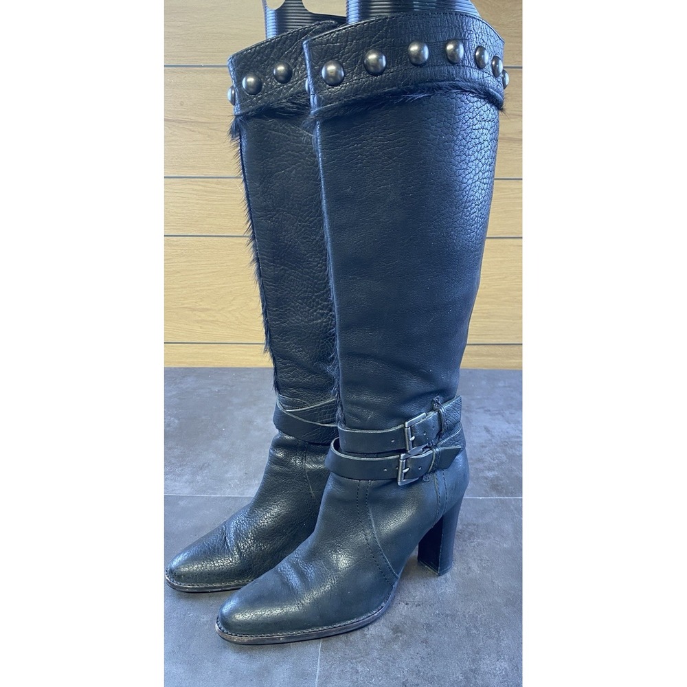 Apepazza Women's Soft Black Leather Tall Riding Healed Boots w/ Fur Size 7